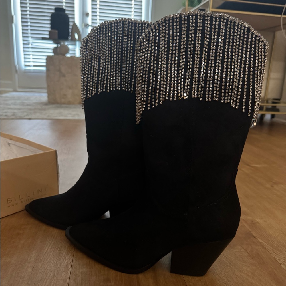 Billini Aire Black Suede Diamanté Rhinestone Fringe Cowboy Boots